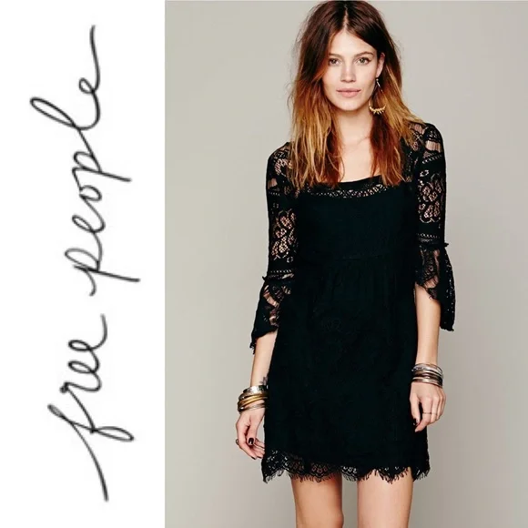 Free People Dresses Free People Black Embroidered Lace Crochet